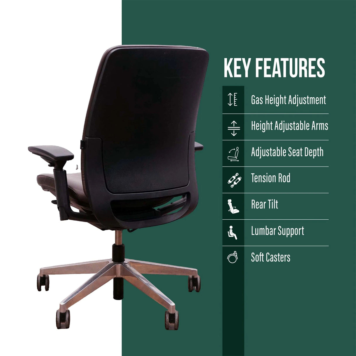 Refurbished Steelcase Amia brown leather office chair with adjustable features, shown rear view.