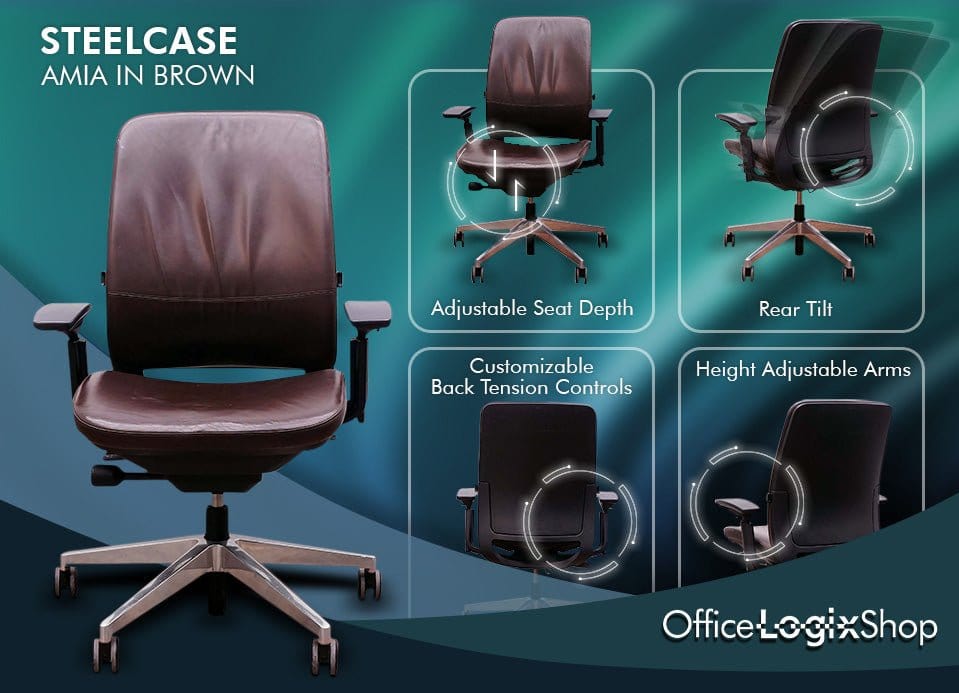 Steelcase Amia brown leather office chair with adjustable arms and seat, refurbished by Office Logix Shop