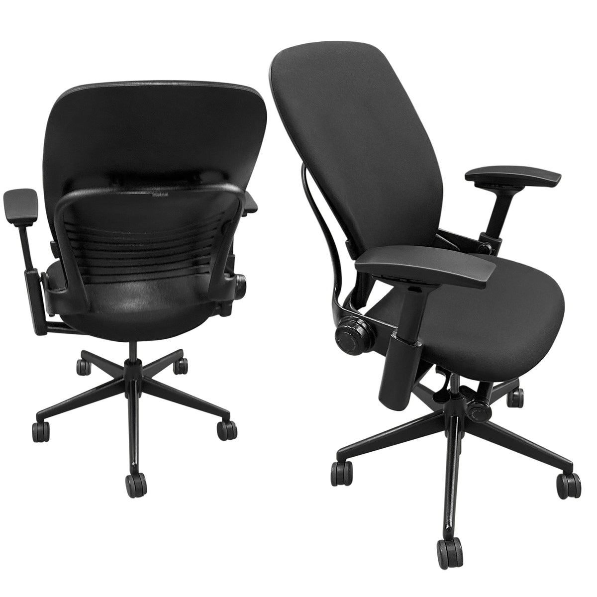 Refurbished Steelcase Leap V2 office chair with black base and frame, ergonomic design.