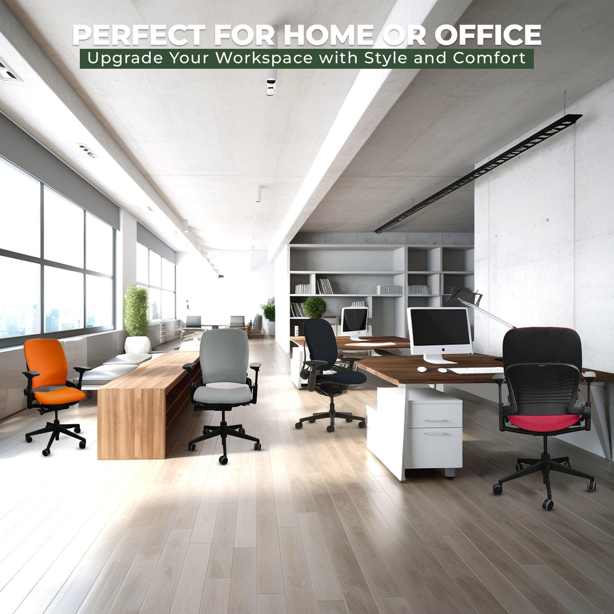 Modern office space with refurbished Steelcase office chairs in various colors, desks, and computers