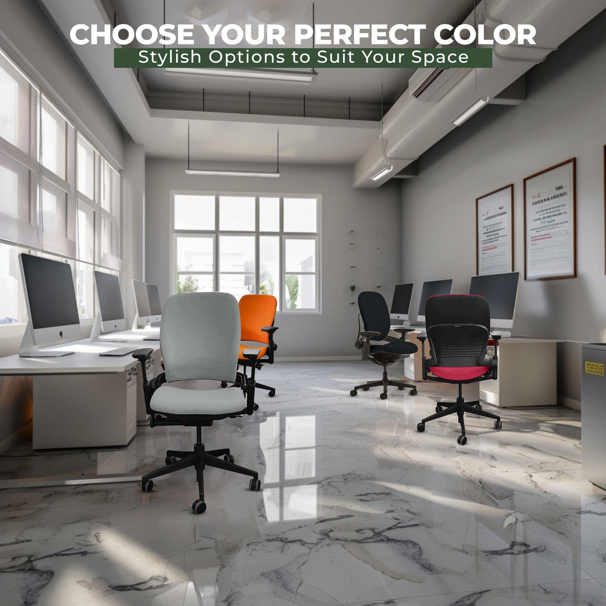 Refurbished Steelcase Leap V2 office chairs in multiple colors in a modern workspace with computers