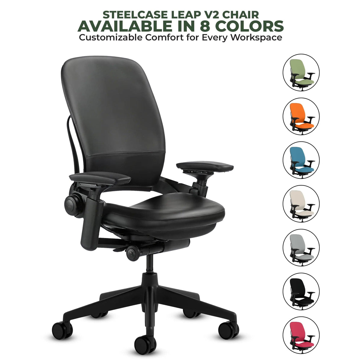 Refurbished Steelcase Leap V2 office chair with black base, available in 8 colors, ergonomic seating from Office Logix Shop