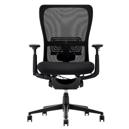 Haworth Zody with a black seat and black mesh back, front view on a green background