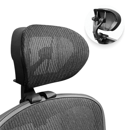 Black mesh headrest on an Aeron Classic, green background, with a close-up of its bracket
