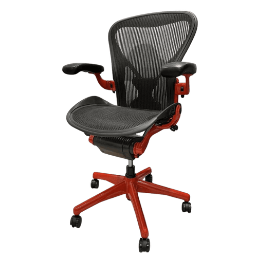 Herman Miller Aeron Size B office chair, black mesh with custom red frame, refurbished