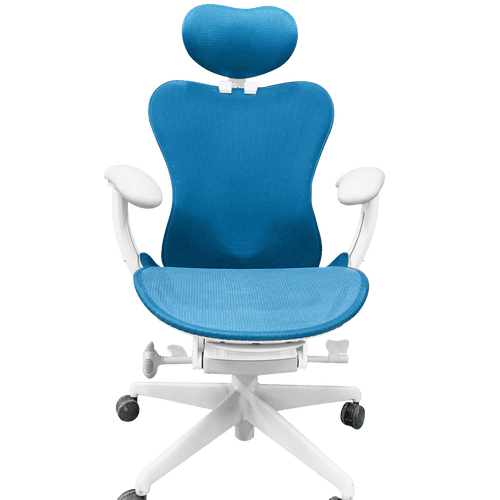 Herman Miller Mirra 2 chair with blue mesh and headrest, refurbished by Office Logix Shop