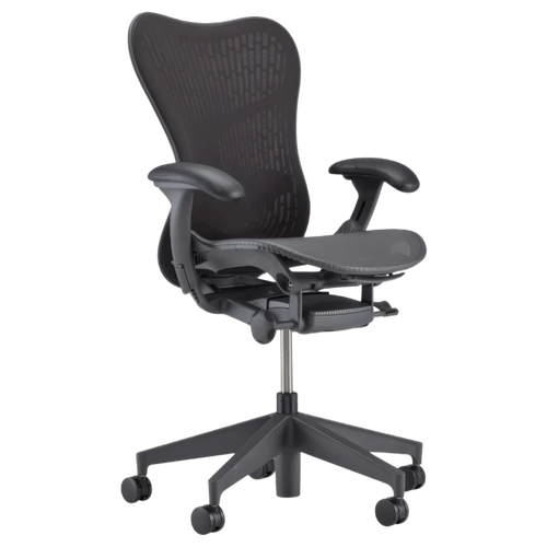 Herman Miller Mirra 2 in black with the Butterfly back, three-quarter view on a black background