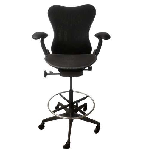 Herman Miller Mirra 1 stool from the front: covered back, mesh seat, adjustable arms, chrome foot ring and five-star base