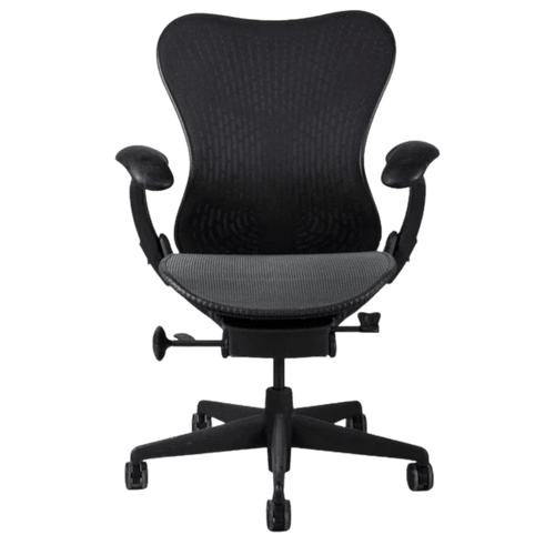 Herman Miller Mirra 1 in Black Mesh: a black mesh cover over the TriFlex back and a gray AireWeave seat, front view