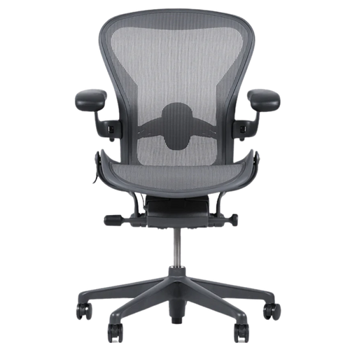 Aeron Remastered in dark Carbon Gray from the front, with the lumbar pad on the mesh back, arm pads and five-star base