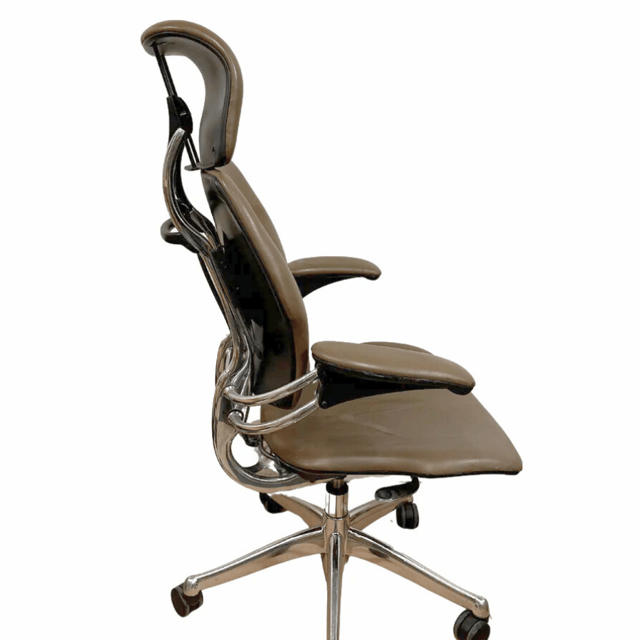 Humanscale Freedom Chair With Headrest – Refurbished, Black Leather Seat, Aluminum Base, Ergonomic Office Chair