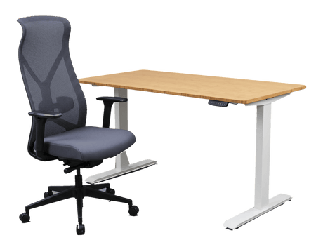 Nova Logix chair in Black beside the Herman Miller bamboo top standing desk on its white OfficeLogix electric base