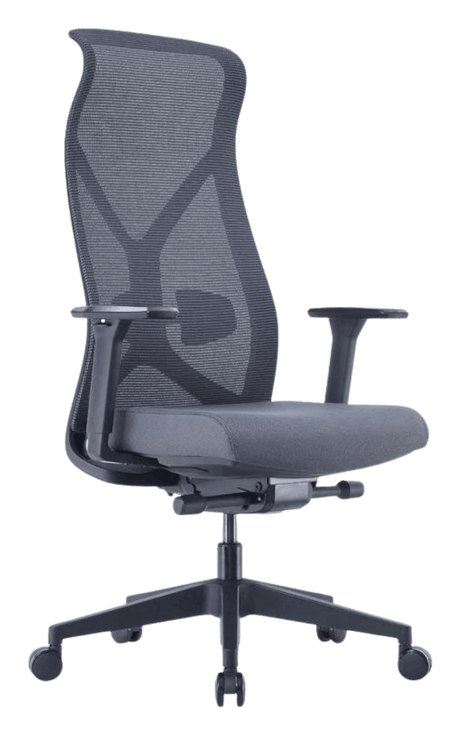 Nova Logix in Black from the front left: tall mesh back, gray cushioned seat, armrests and five-star base