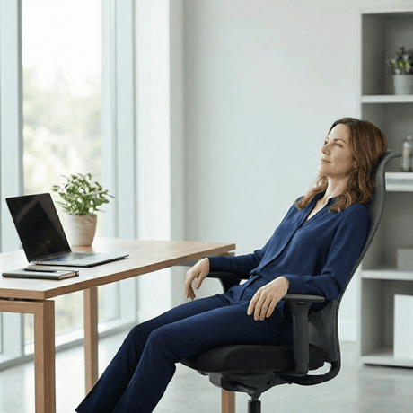 Woman relaxing in a modern ergonomic office chair at a desk with laptop, Office Logix Shop