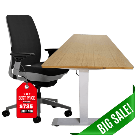 Office Logix Shop Black Steelcase Amia Chair and Herman Miller Top Bamboo Standing Desk Bundle