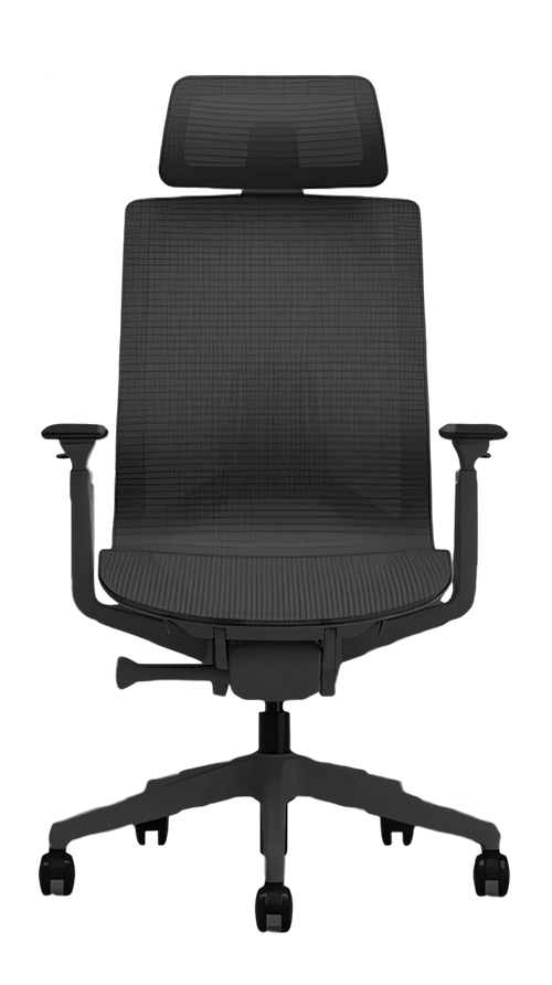 OfficeLogix Midan office chair in Black, front view: continuous mesh seat and back, adjustable headrest and 4D arms