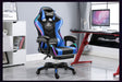 Blue and black gaming chair with LED lights and massage lumbar support in modern office setup