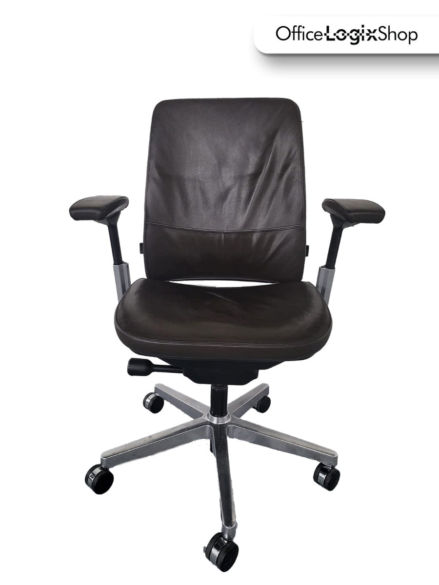 Office Logix Shop Office Task Chair Brown Leather-Titanium Frame Steelcase Amia Task Chair - Fully Adjustable -  (Renewed)