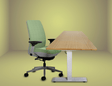 Steelcase Amia chair with green upholstery next to bamboo standing desk bundle on yellow background