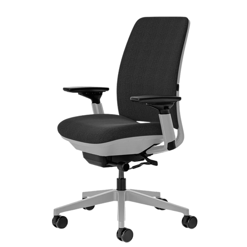 Steelcase Amia in black fabric on a platinum frame, against a green background