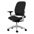 Steelcase Leap V2 refurbished office chair with black seat and platinum frame, ergonomic design