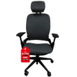 Refurbished Steelcase Leap V2 office chair with headrest, black, sale tag, ergonomic seating
