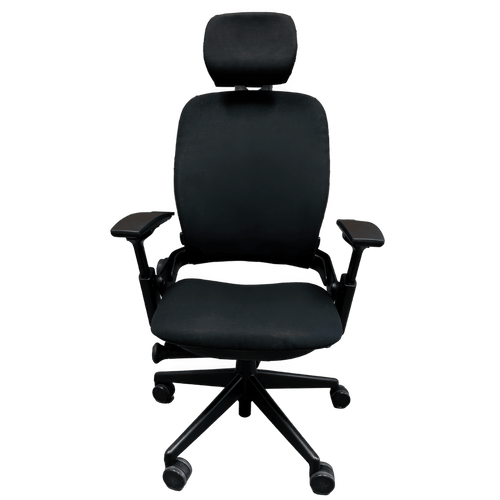 Refurbished Steelcase Leap V2 in black fabric with the OfficeLogixShop headrest, on a green background