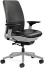 Refurbished Steelcase black leather office task chair with platinum frame, adjustable arms, and casters from Office Logix Shop.