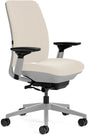 Refurbished Steelcase office task chair with tan fabric and titanium frame on wheels