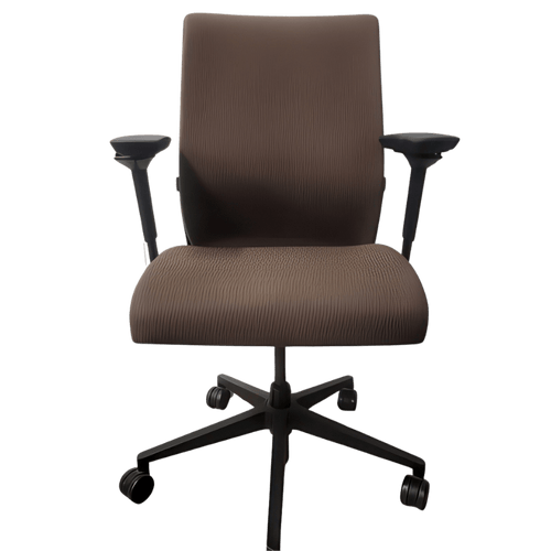 Refurbished Steelcase Think from the front: brown upholstered seat and back, adjustable black arms and a five-star base