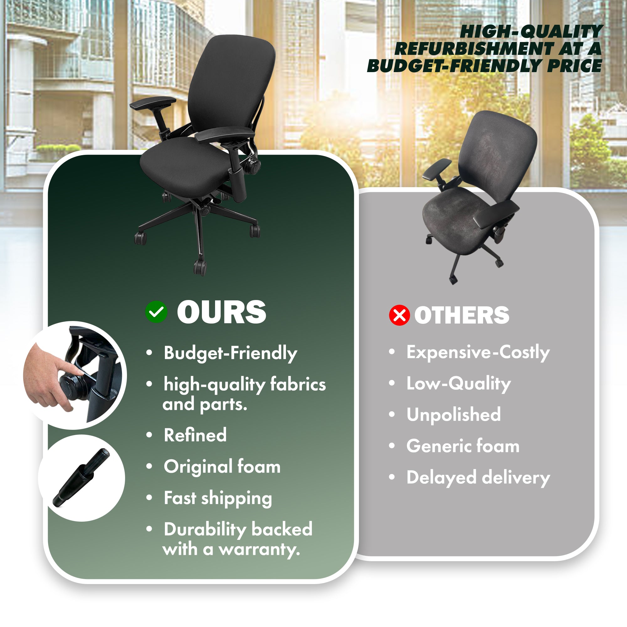 OfficeLogixShop refurbished chairs quality comparison showing superior Steelcase restoration